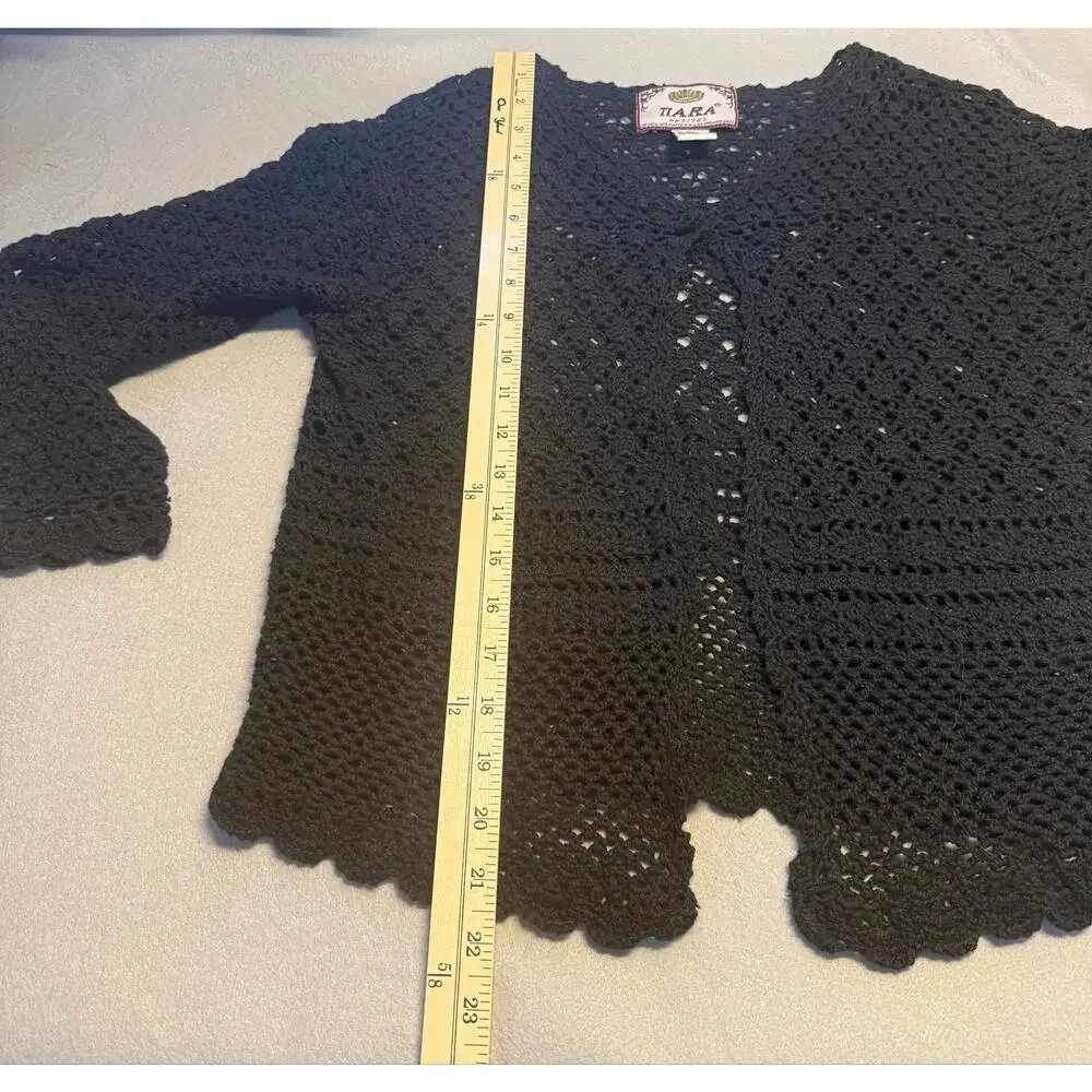 Vintage Tiara Petites Black Crochet Button Front Cardigan PM Ramie Cotton Boho